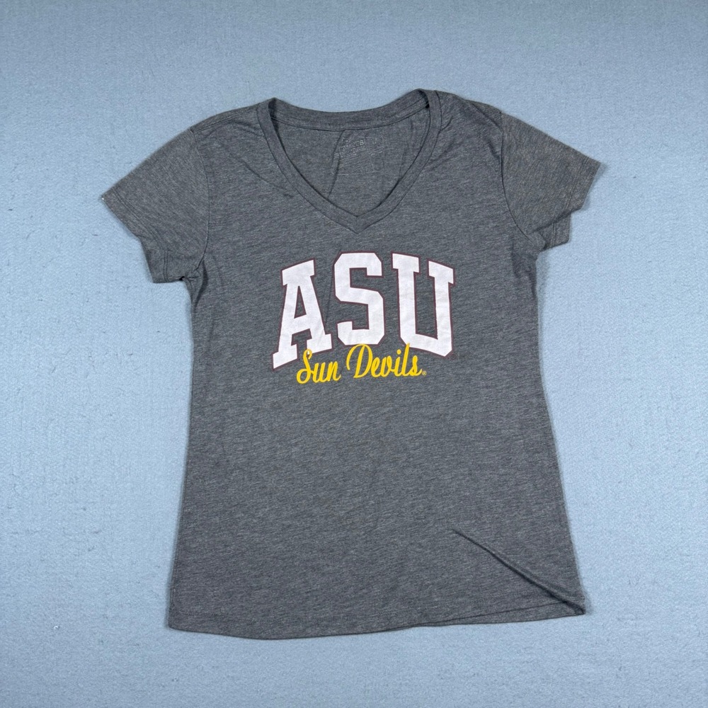 Campus Heritage ASU Sun Devils T-Shirt Womens Medium Gray V-Neck Graphic Tee